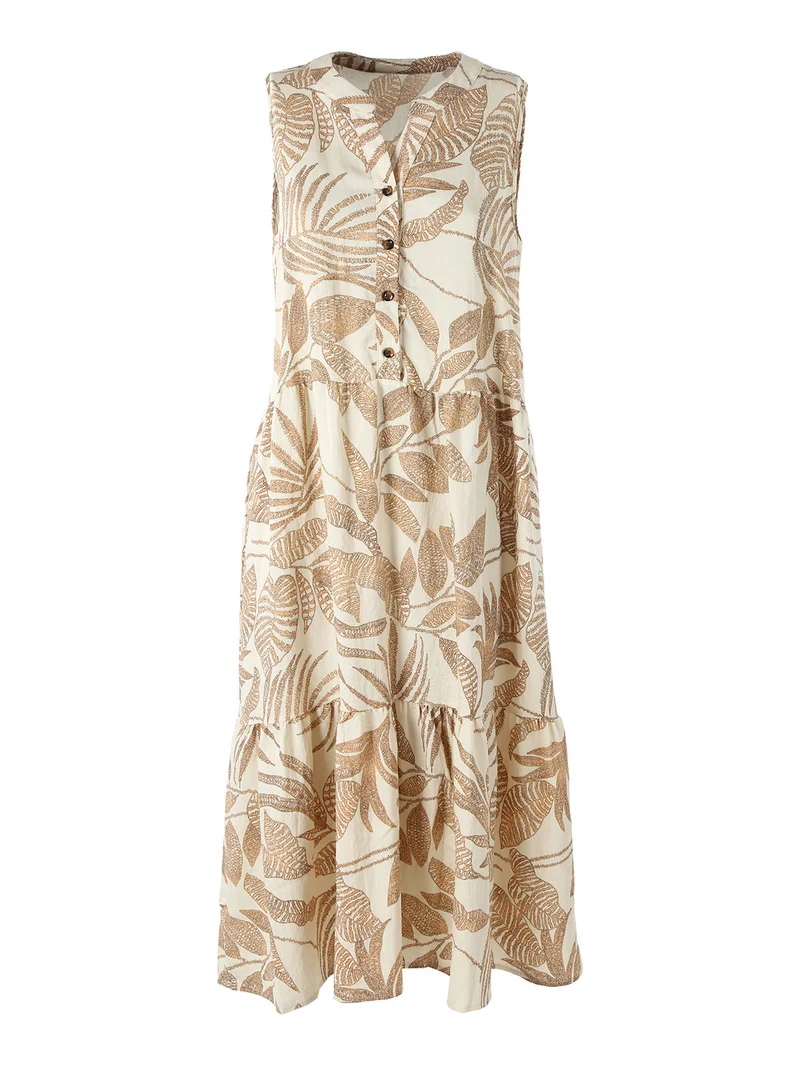 Abito lungo da donna smanicato con stampe floreali - beige