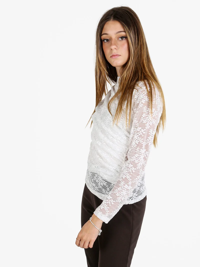 Maglietta donna a maniche lunghe in pizzo con arricciatura - bianco