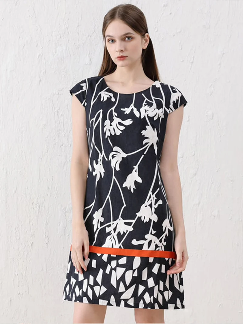 Vestito donna a maniche corte in misto lino e cotone - blu scuro