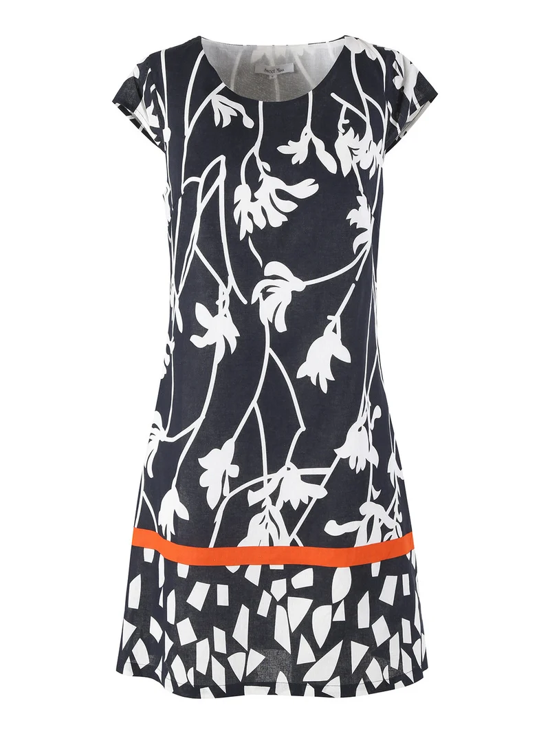 Vestito donna a maniche corte in misto lino e cotone - blu scuro
