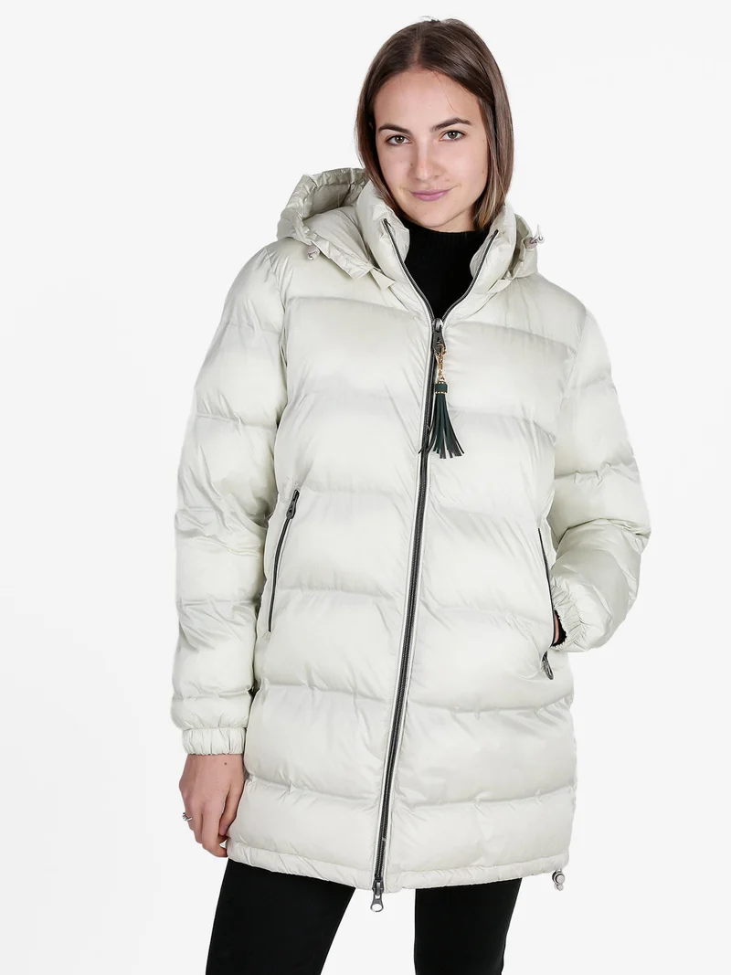 Giubbotto lungo da donna imbottito con cappuccio e zip - perla