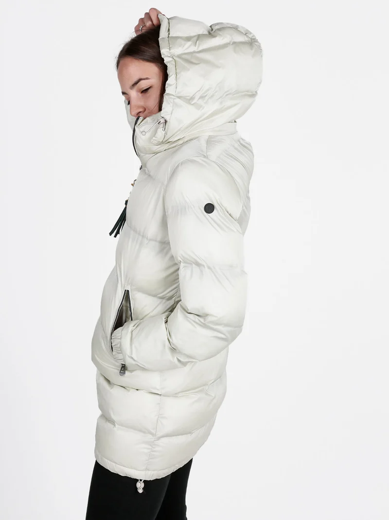Giubbotto lungo da donna imbottito con cappuccio e zip - perla