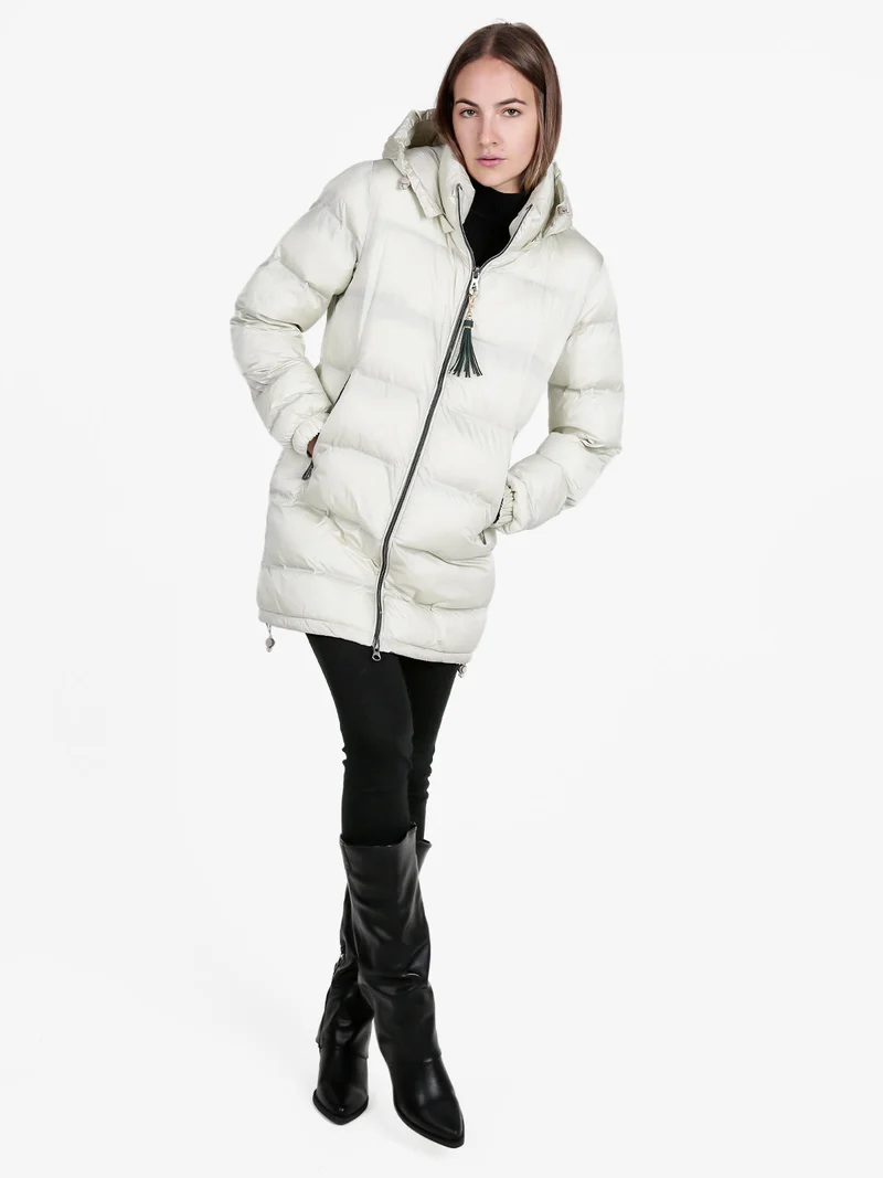 Giubbotto lungo da donna imbottito con cappuccio e zip - perla