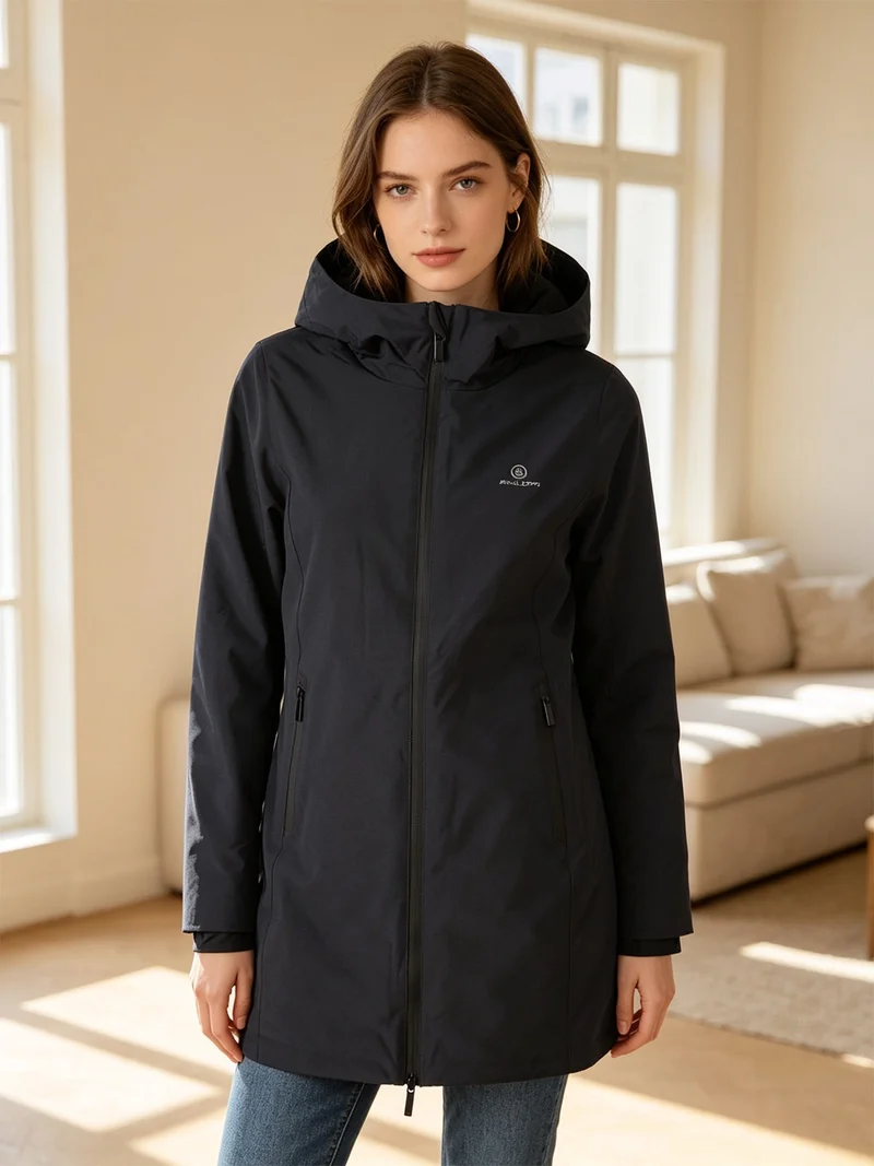 Giubbotto lungo da donna impermeabile con cappuccio e zip - blu scuro