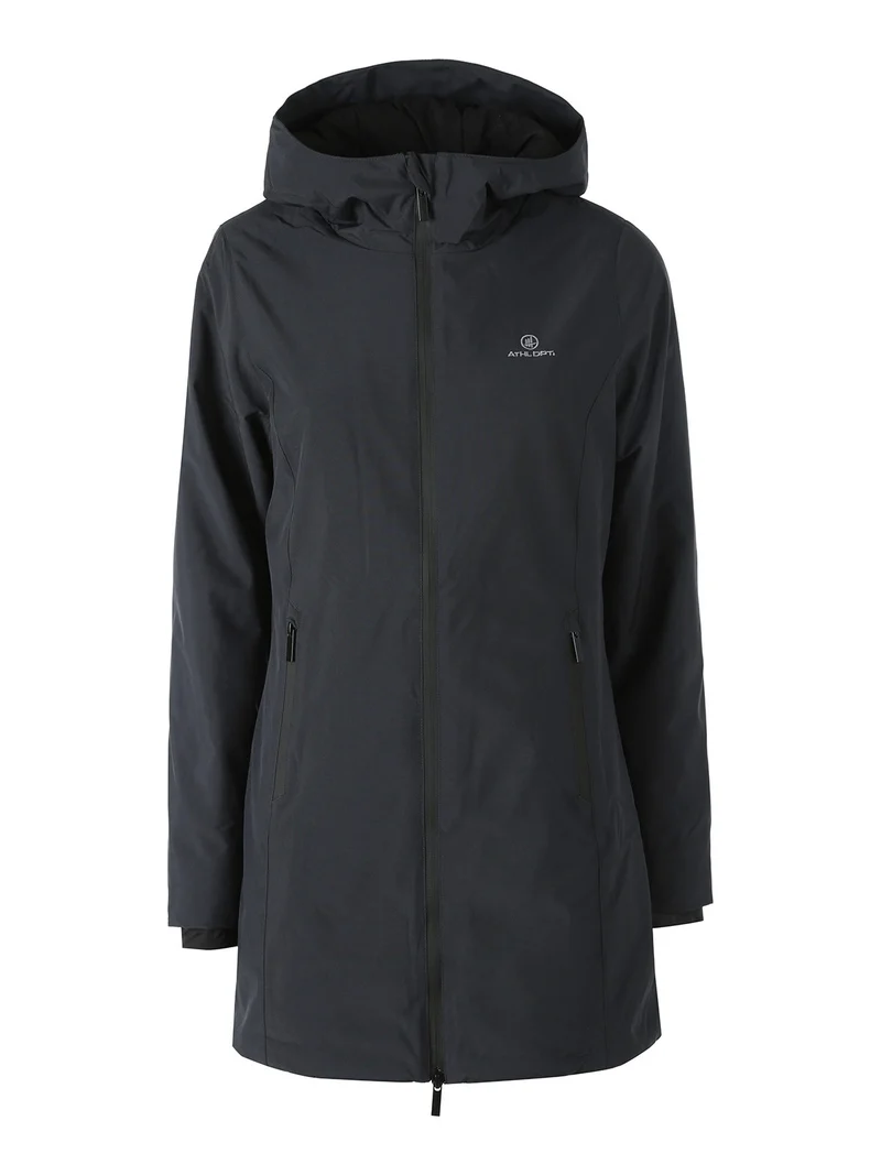 Giubbotto lungo da donna impermeabile con cappuccio e zip - blu scuro