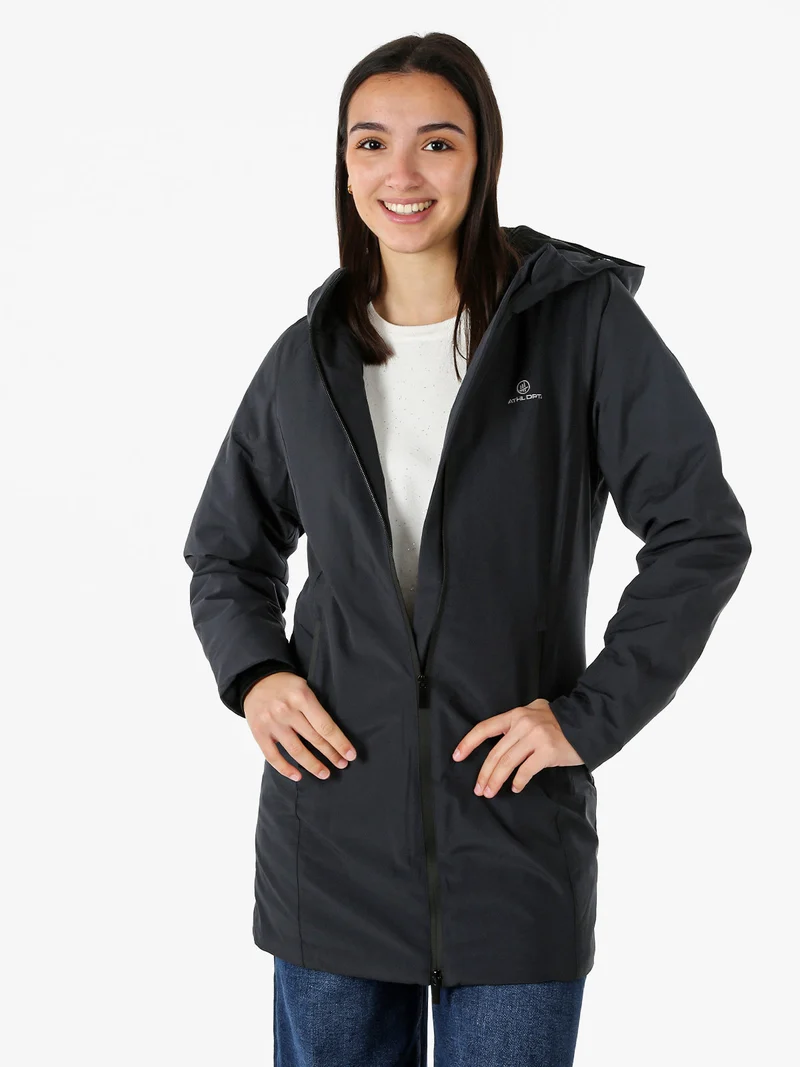 Giubbotto lungo da donna impermeabile con cappuccio e zip - blu scuro