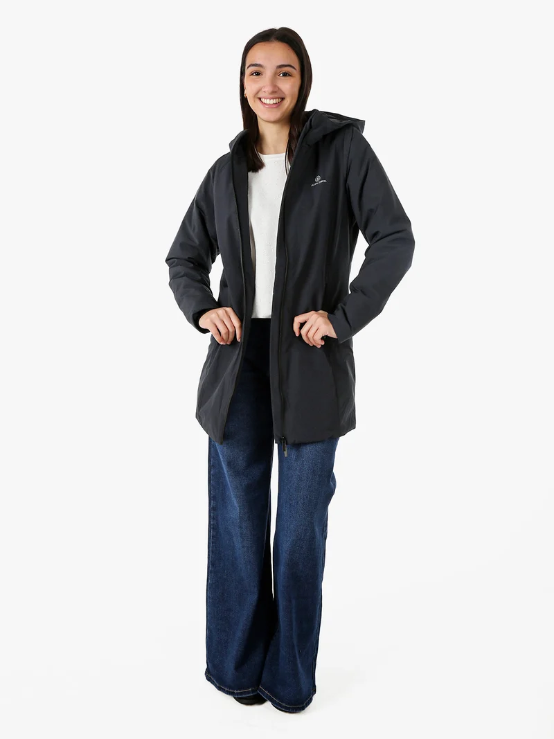 Giubbotto lungo da donna impermeabile con cappuccio e zip - blu scuro