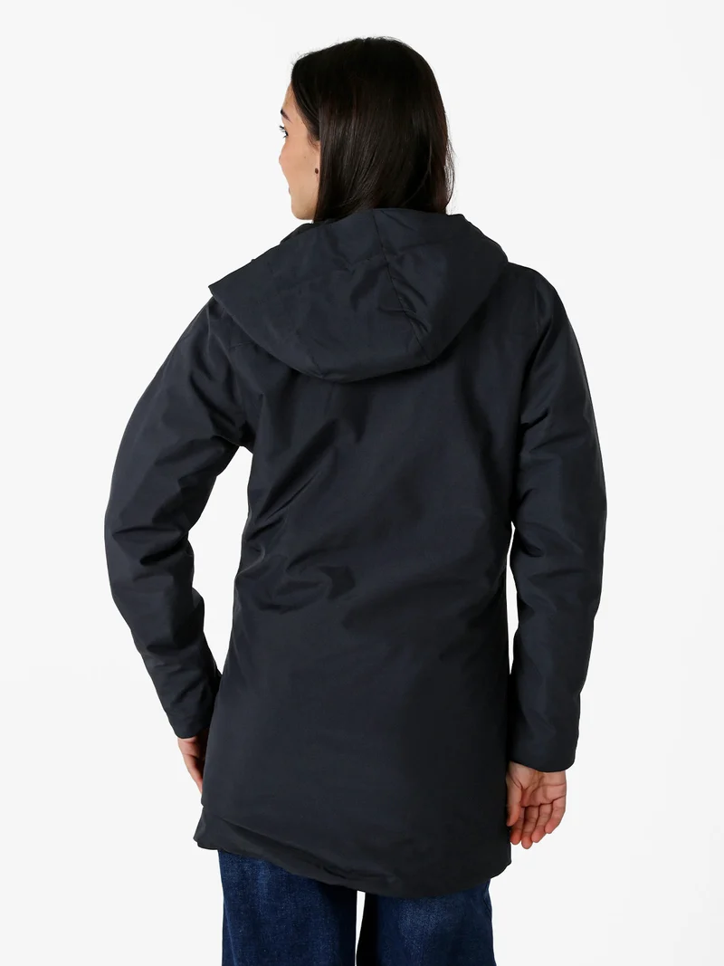 Giubbotto lungo da donna impermeabile con cappuccio e zip - blu scuro