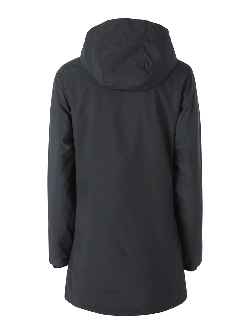 Giubbotto lungo da donna impermeabile con cappuccio e zip - blu scuro