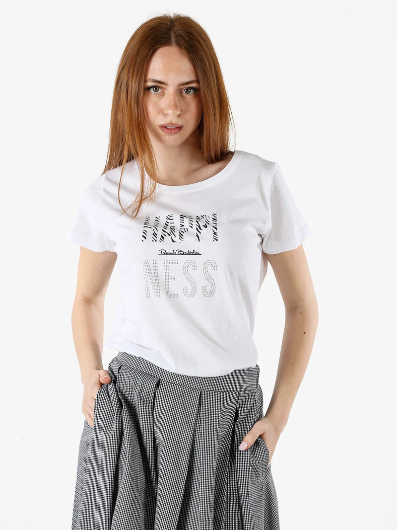T-shirt girocollo da donna in cotone con strass e dettagli lurex - bianco