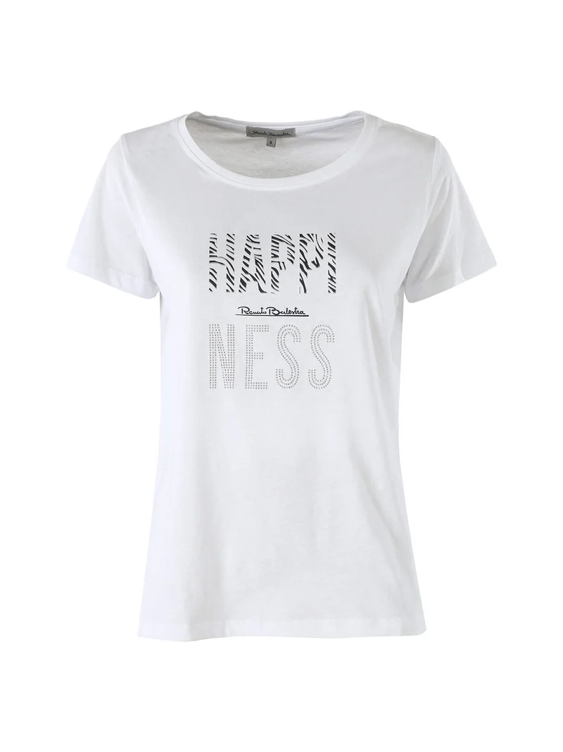 T-shirt girocollo da donna in cotone con strass e dettagli lurex - bianco