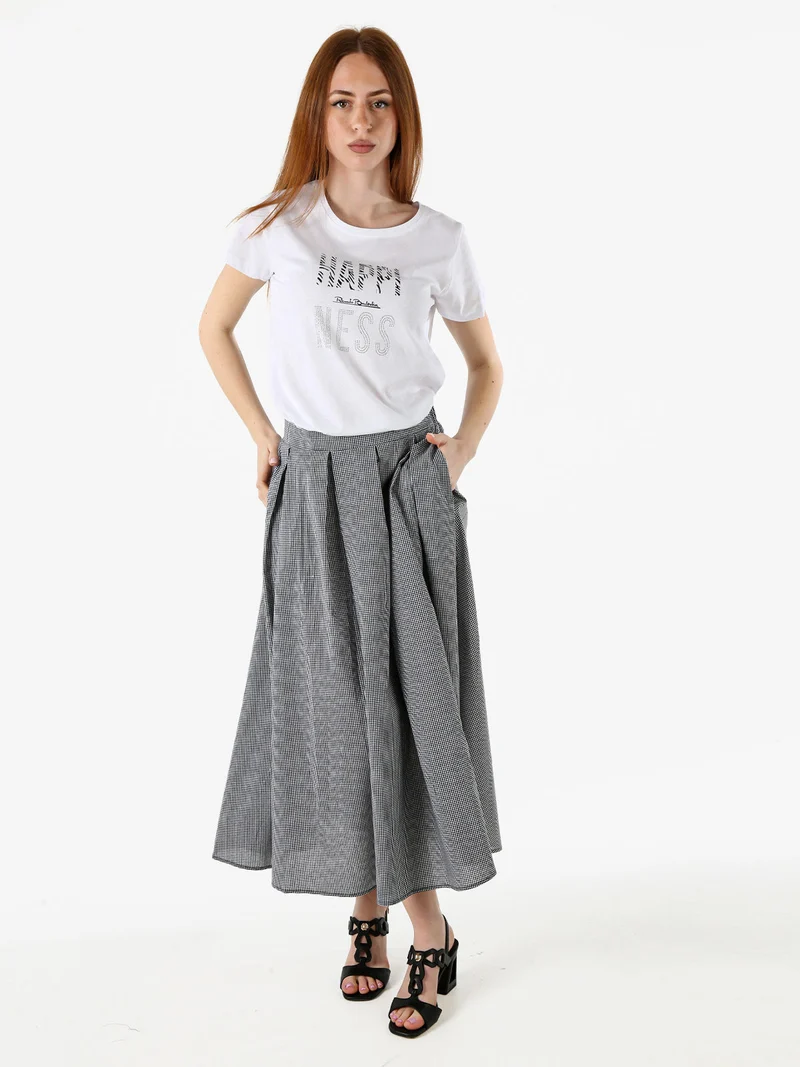 T-shirt girocollo da donna in cotone con strass e dettagli lurex - bianco