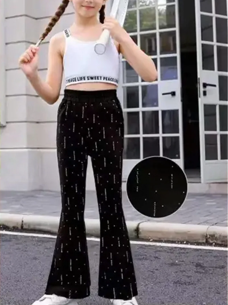Pantaloni da bambina a zampa con strass - nero