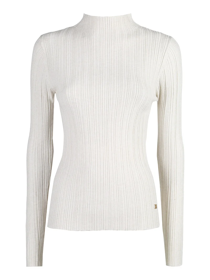 Pullover donna in maglia con collo a lupetto - panna
