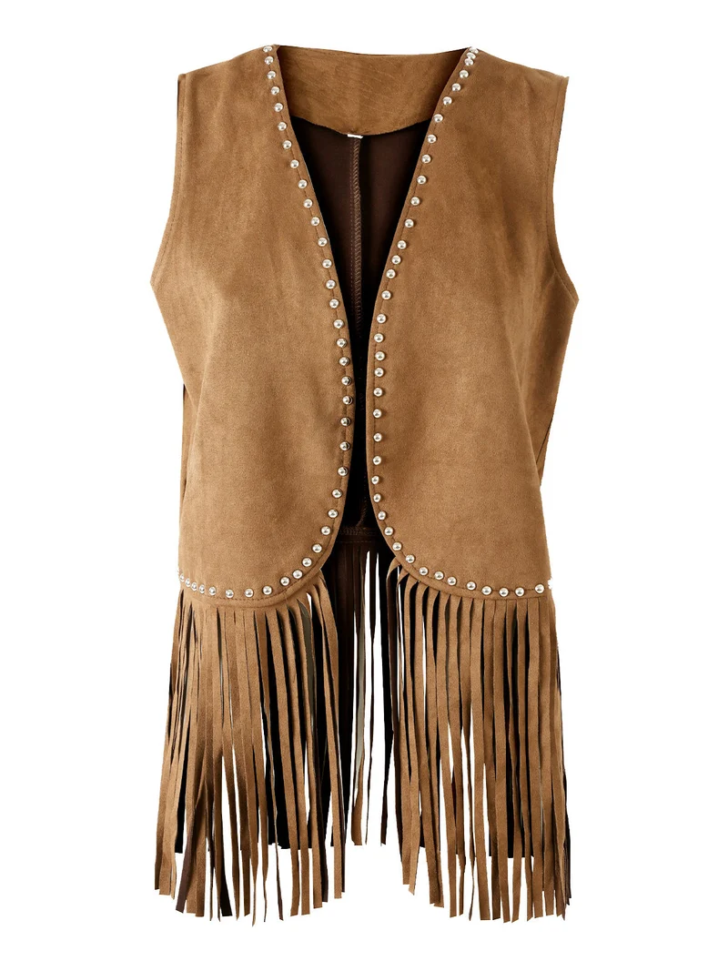 Gilet donna scamosciato con borchie e frange - cammello