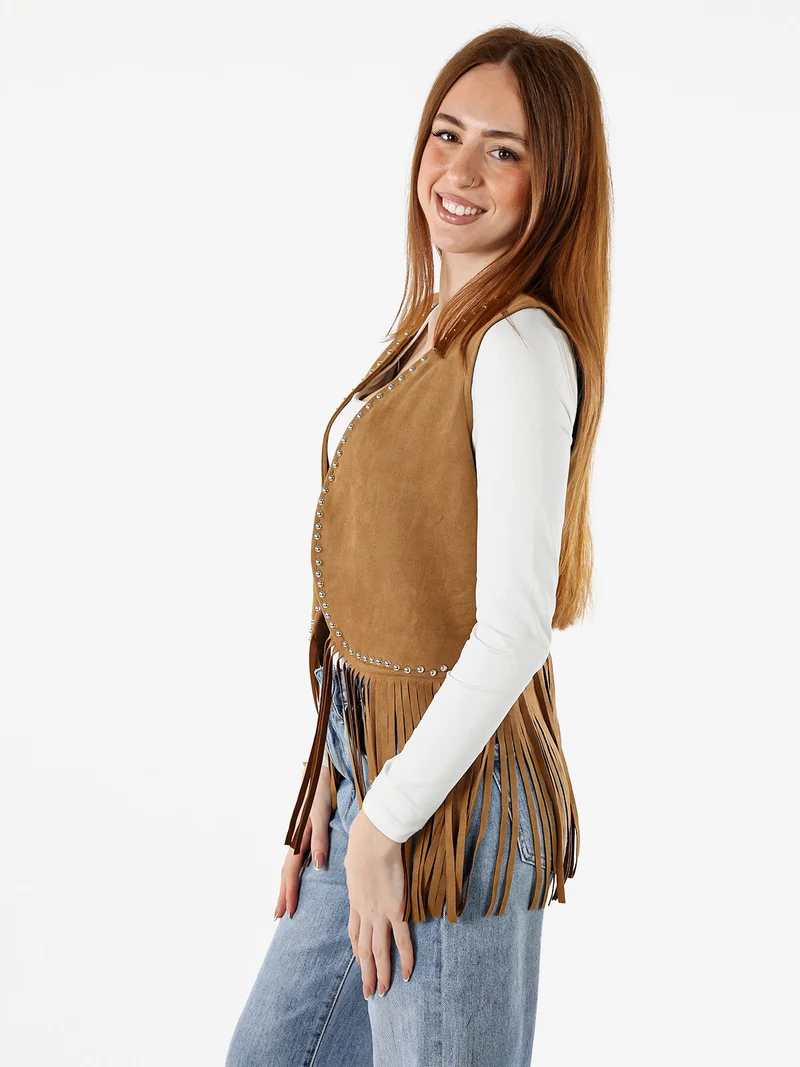 Gilet donna scamosciato con borchie e frange - cammello