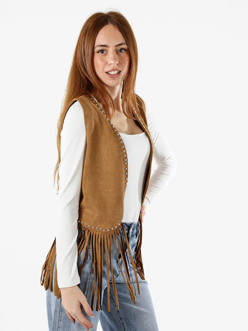 Gilet donna scamosciato con borchie e frange - cammello