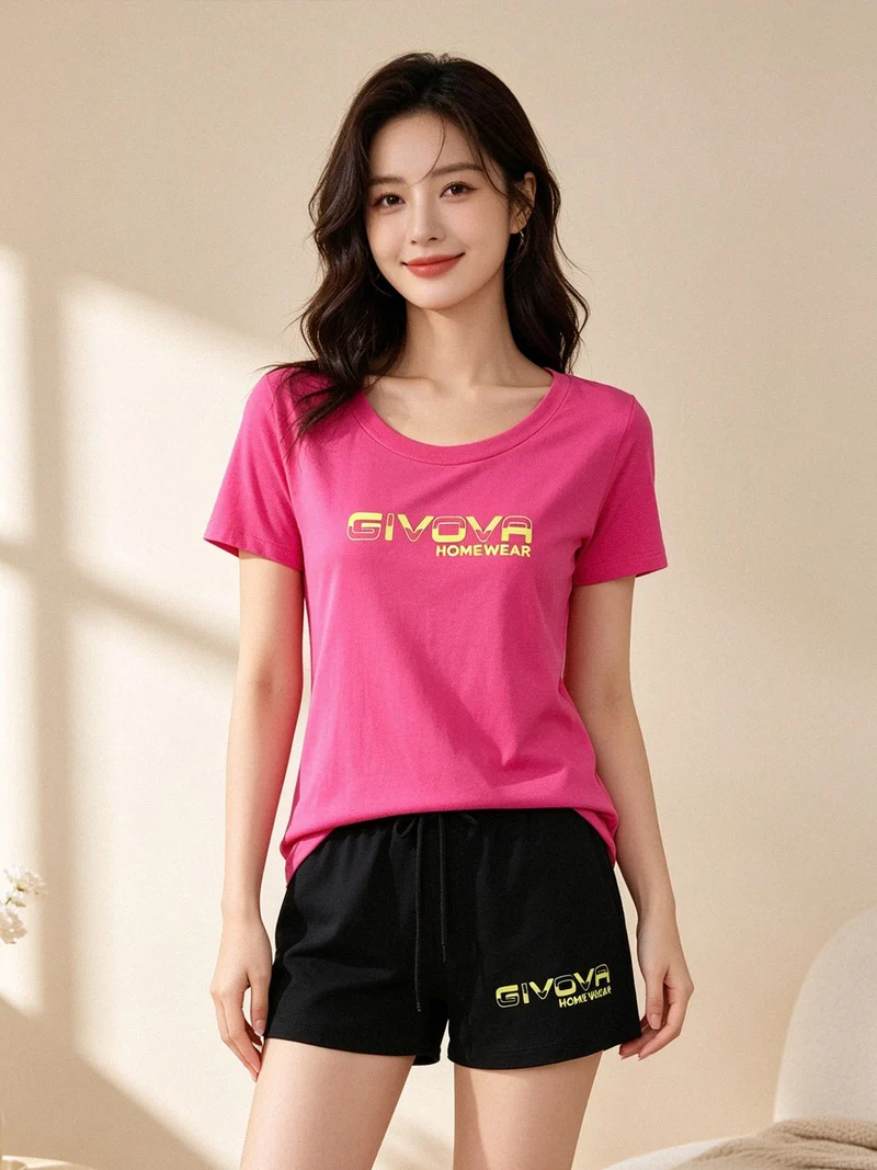 Pigiama corto da donna in cotone con t-shirt e shorts - fucsia