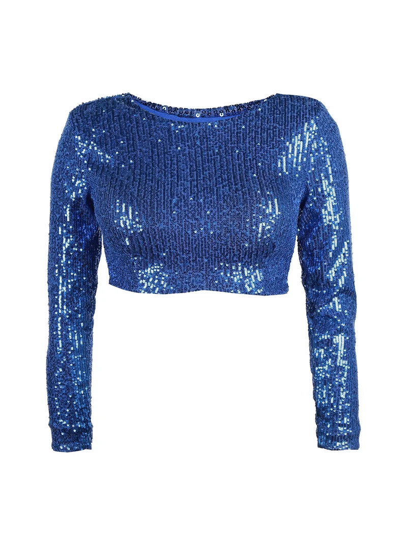 Maglia cropped con paillettes - blu