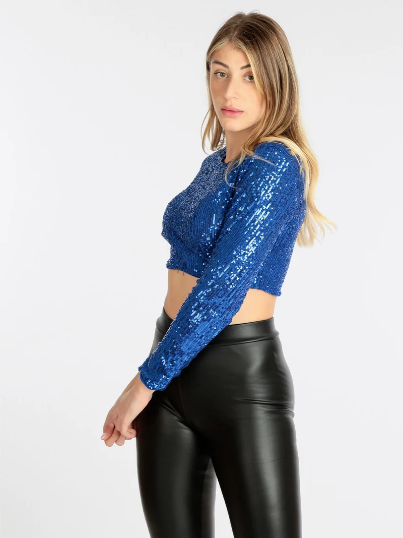 Maglia cropped con paillettes - blu