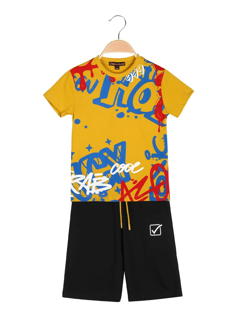 Completo corto da bambino in cotone con t-shirt e bermuda - giallo