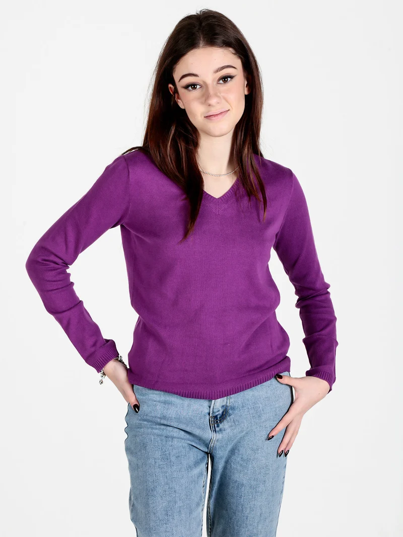 Pullover donna in maglia scollo V - porpora