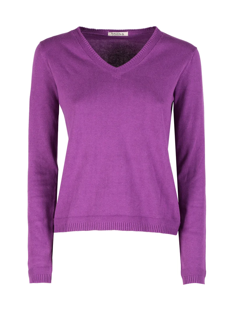 Pullover donna in maglia scollo V - porpora