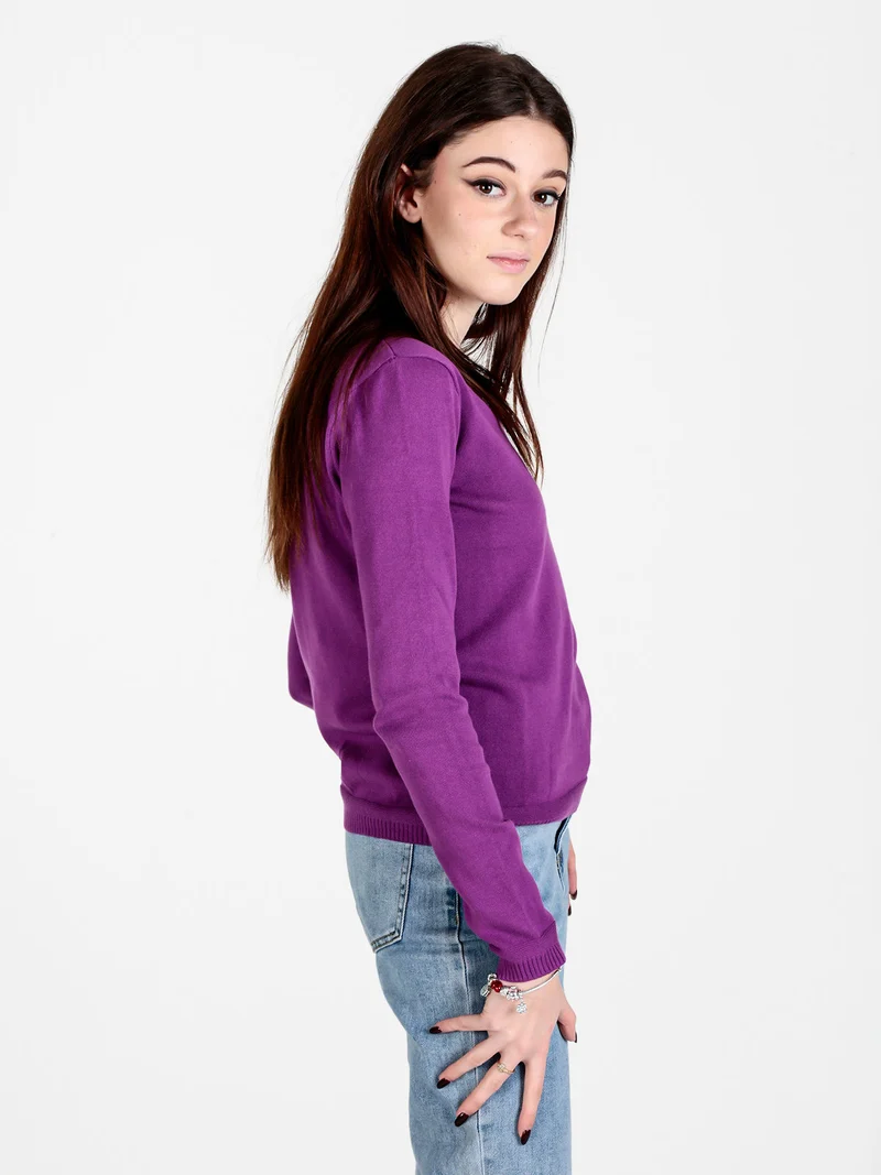 Pullover donna in maglia scollo V - porpora