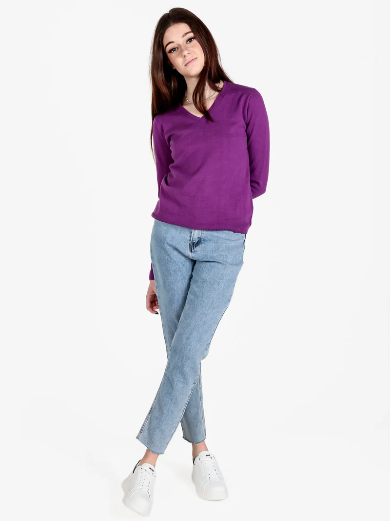Pullover donna in maglia scollo V - porpora