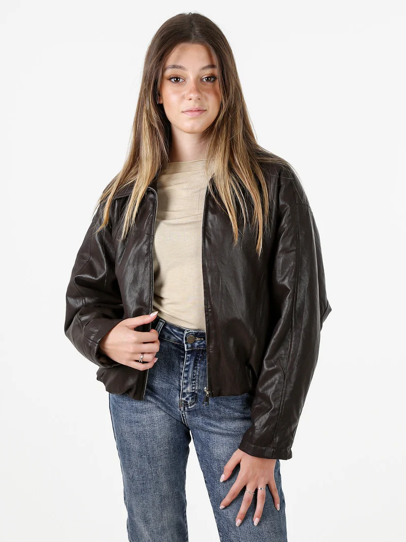 Giacca cropped da donna imbottita in ecopelle - moro
