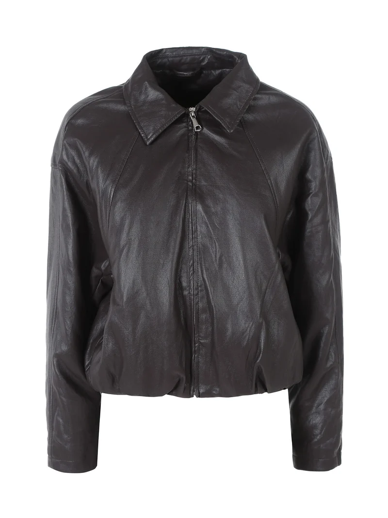 Giacca cropped da donna imbottita in ecopelle - moro