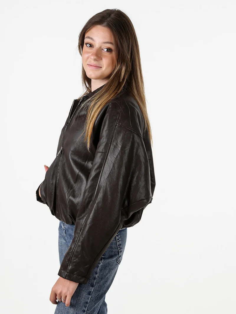 Giacca cropped da donna imbottita in ecopelle - moro