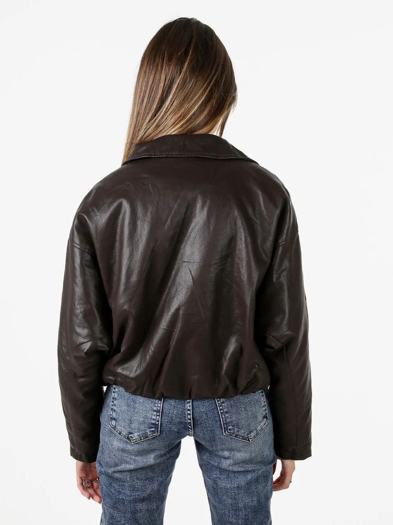 Giacca cropped da donna imbottita in ecopelle - moro