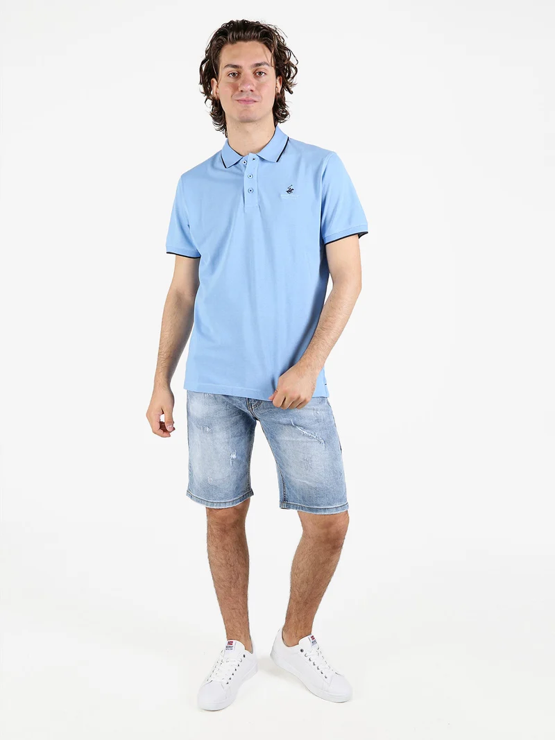 Polo da uomo a maniche corte in cotone - azzurro