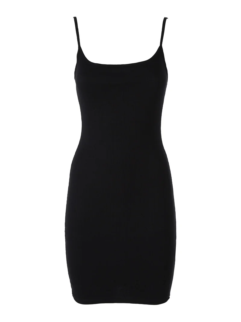 Mini abito da donna a costine con spalline strette - nero