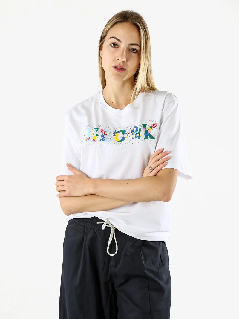 T-shirt donna in cotone oversize con ricami e strass - azzurro