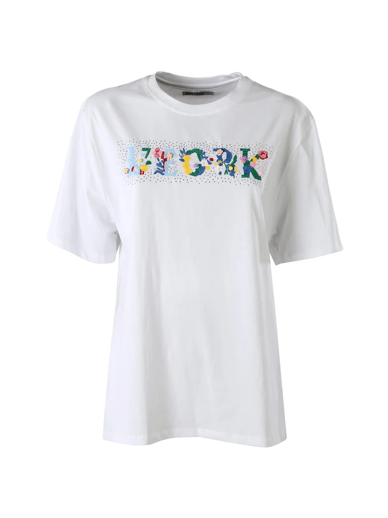 T-shirt donna in cotone oversize con ricami e strass - azzurro