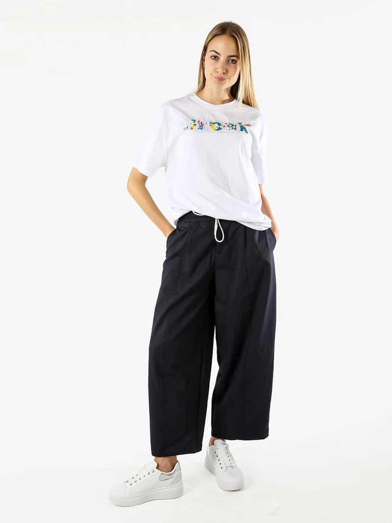 T-shirt donna in cotone oversize con ricami e strass - azzurro