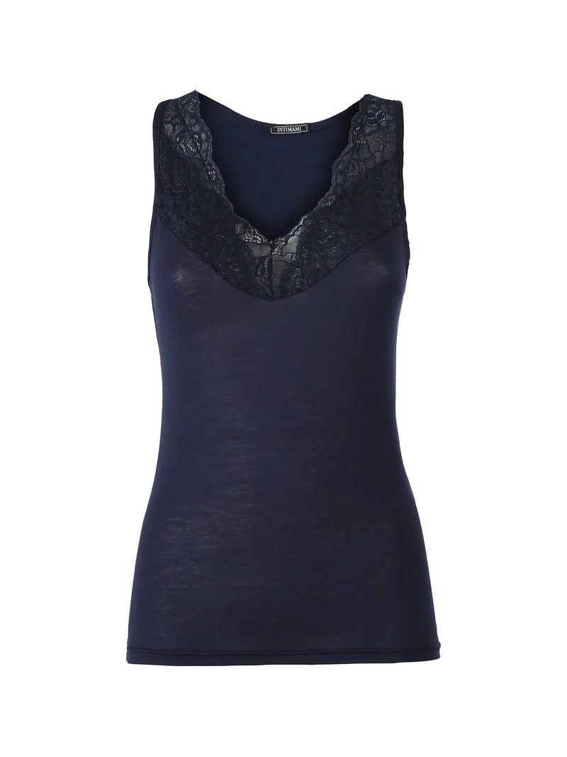 Top donna a spalla larga con scollo di pizzo - blu scuro