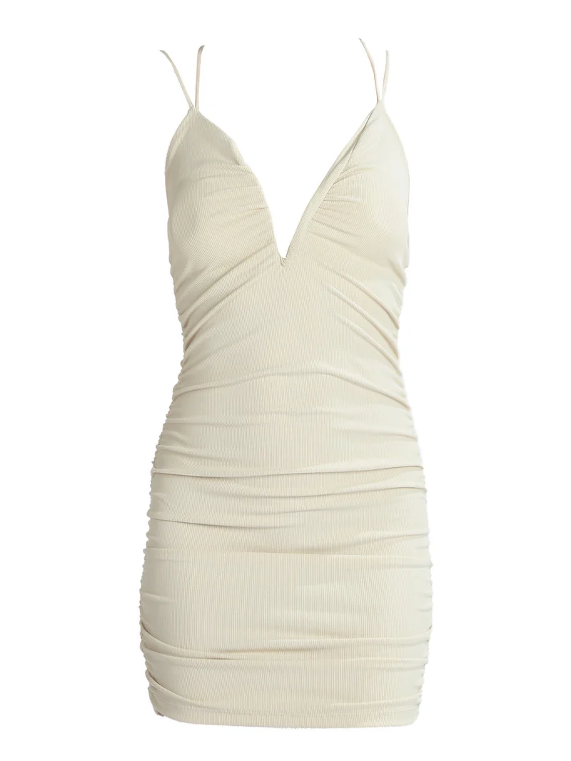 Mini abito donna a costine scollo a V - beige