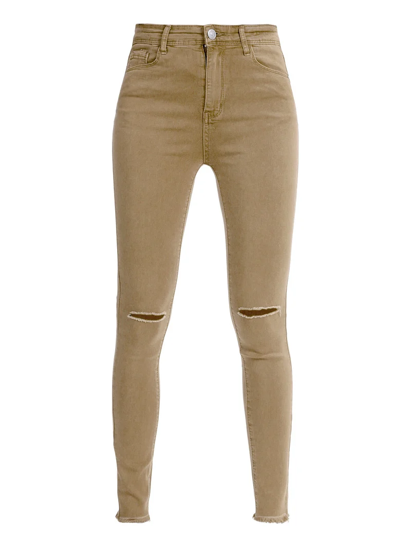 Pantaloni donna elasticizzati con strappi - cammello