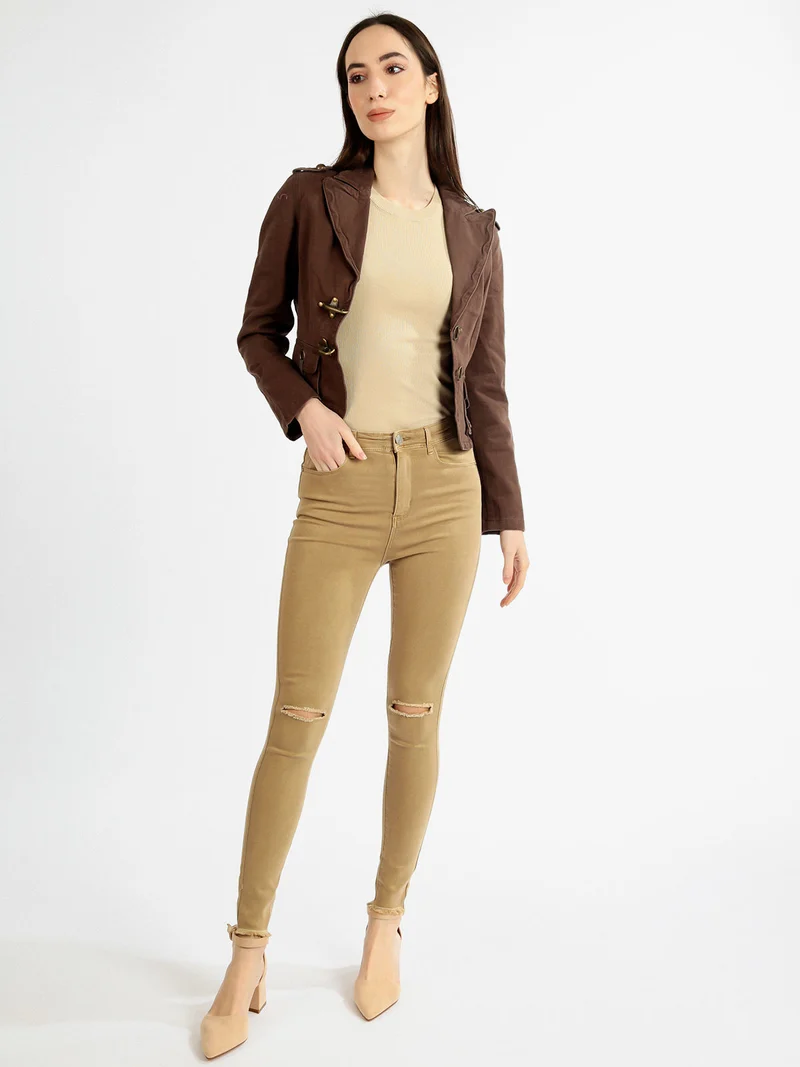Pantaloni donna elasticizzati con strappi - cammello