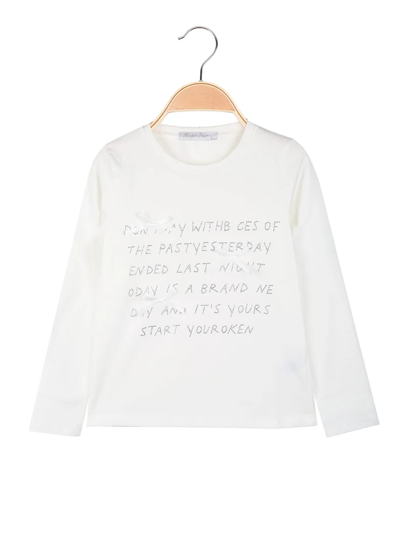 T-shirt da ragazza a maniche lunghe con scritte e fiocchetti - bianco