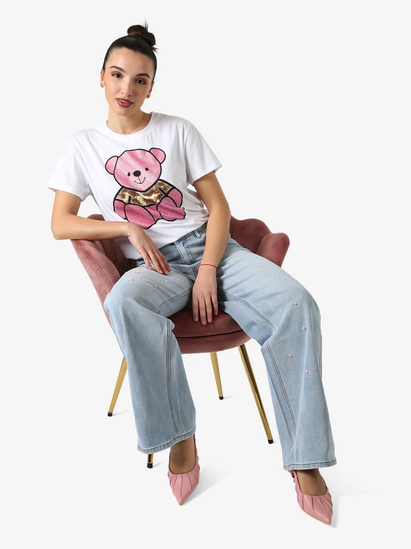 T-shirt donna orsacchiotto con strass - rosa