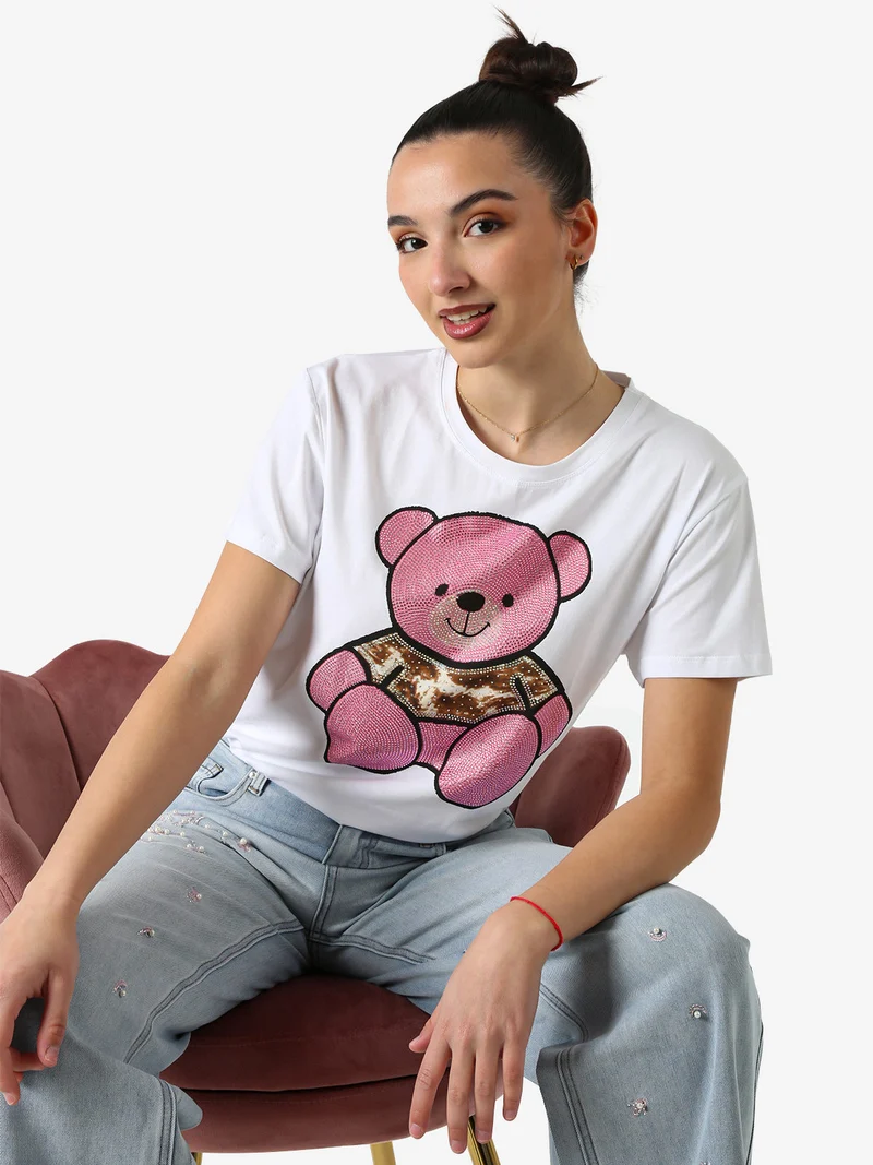 T-shirt donna orsacchiotto con strass - rosa