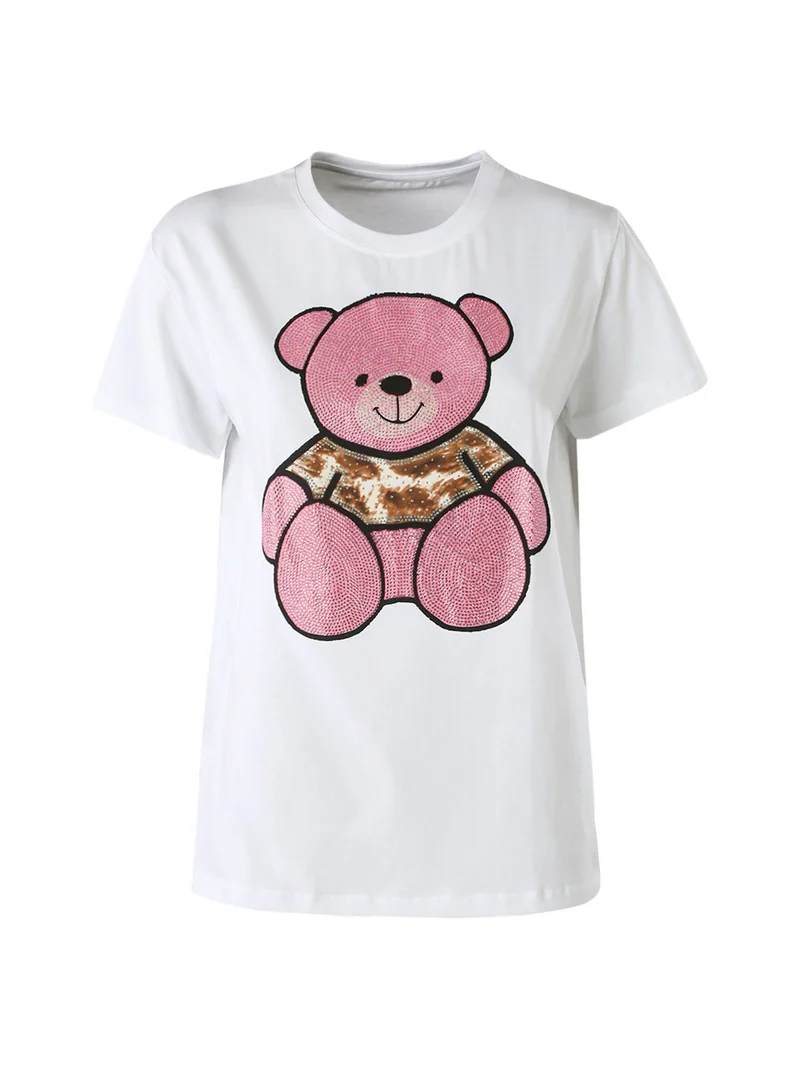 T-shirt donna orsacchiotto con strass - rosa