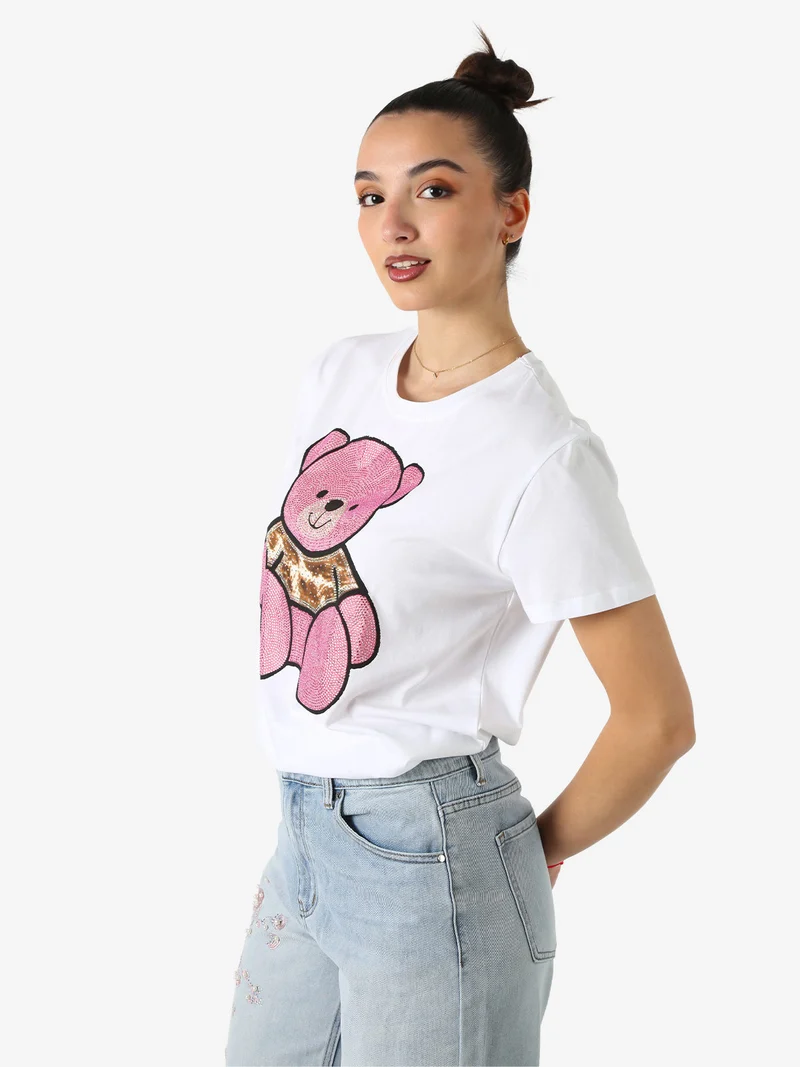 T-shirt donna orsacchiotto con strass - rosa