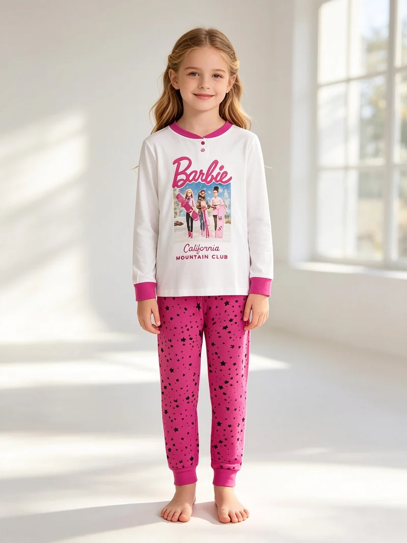 Pigiama lungo da bambina in cotone interlock - bianco