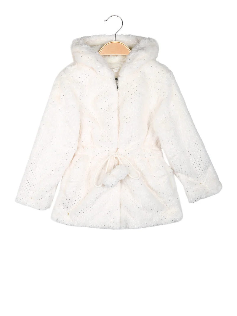 Cappotto da bambina in ecopelliccia con cappuccio e zip - beige