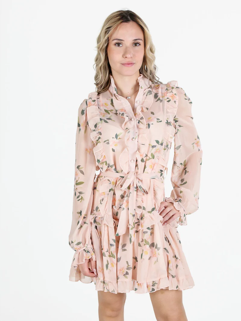 Vestito donna floreale a maniche lunghe velate - albicocca
